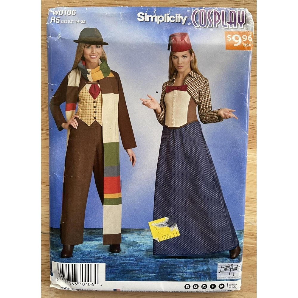 Simplicity 8200 Doctor Who Time Lord Time Traveler Costume 14-22 UNCUT Pattern